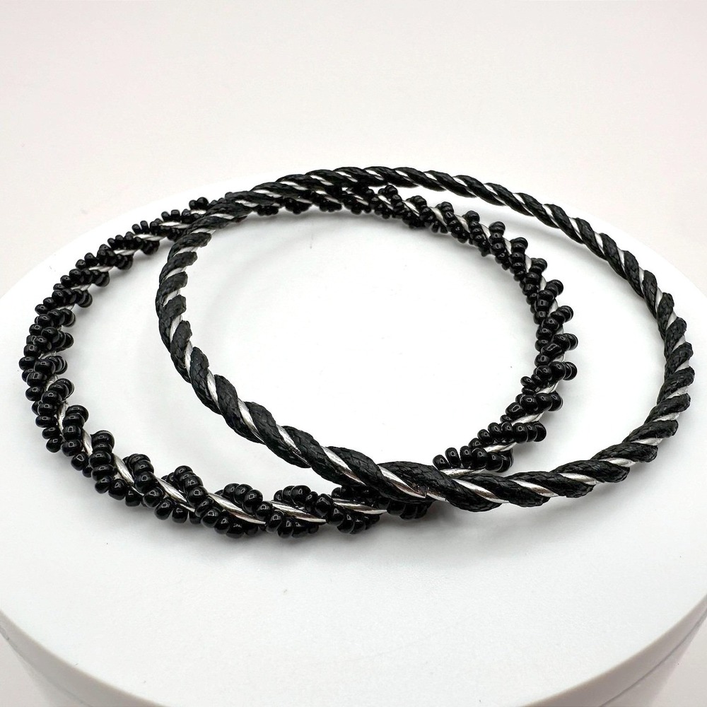 Vintage Black Cord Twisted Silver Tone Bangle Bracelet Set Glass Bead Lot 2pc